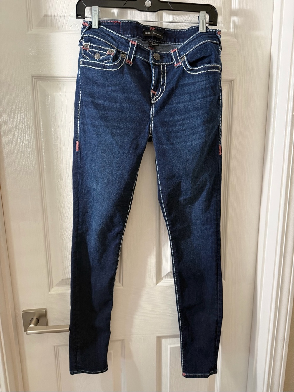 True Religion Navy Skinny Jeans with White Contrast Stitching